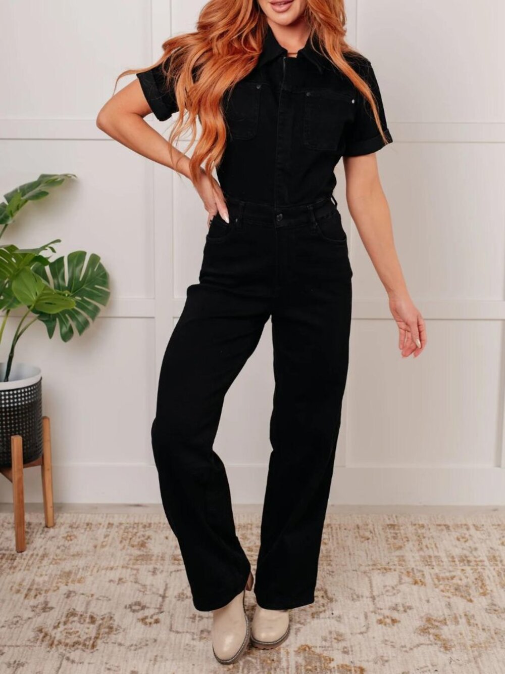 Judy Blue Tilda short sleeve control top denim jumpsuit black straight leg M